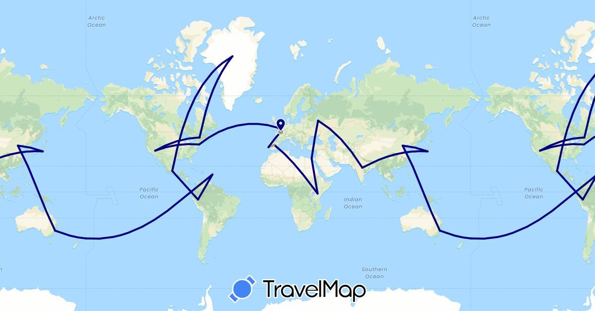 TravelMap itinerary: driving, plane in Australia, Canada, China, Egypt, Spain, France, United Kingdom, Greenland, India, Japan, Kenya, Mexico, Peru, Portugal, Russia, United States (Africa, Asia, Europe, North America, Oceania, South America)